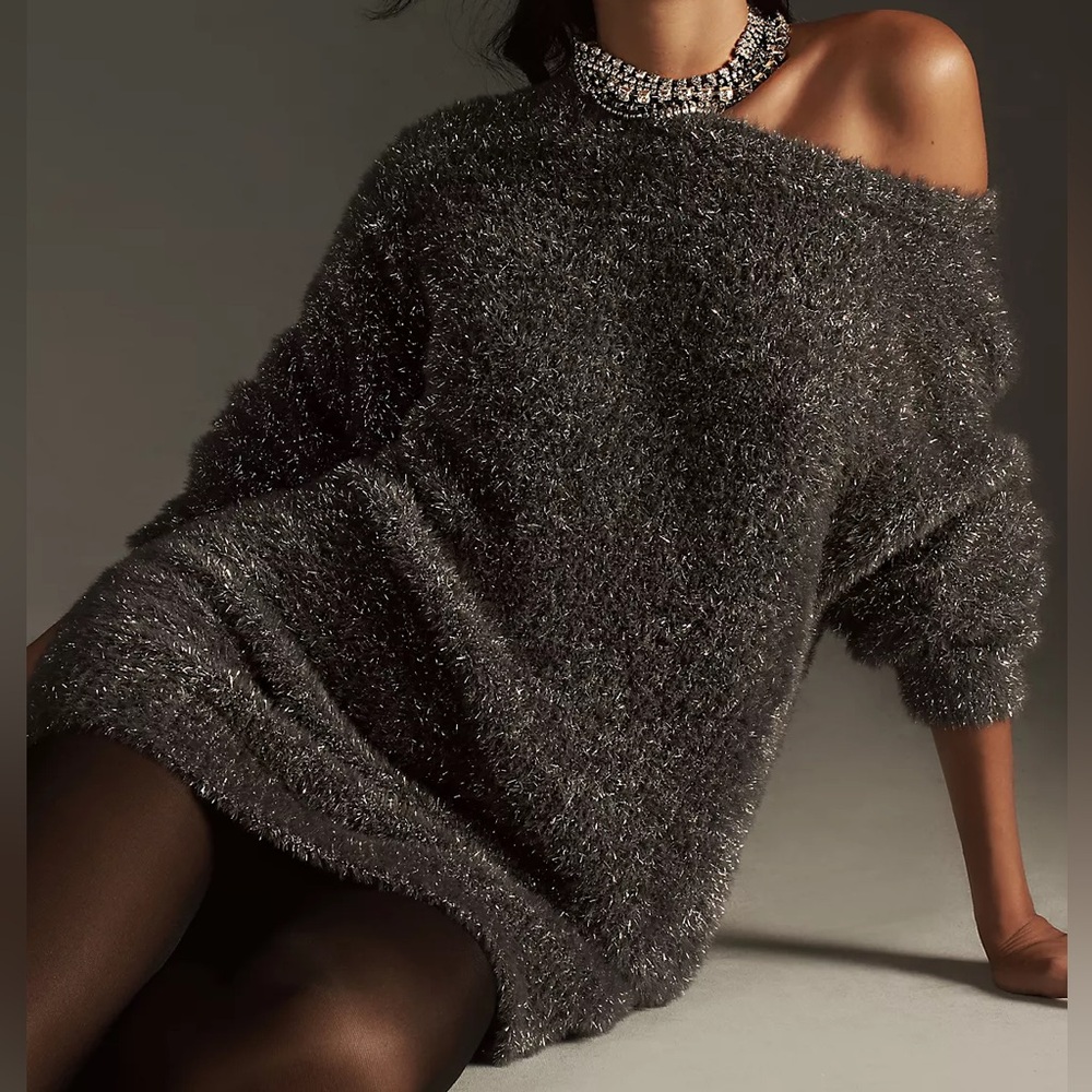 By Anthropologie Women’s Metallic Gray/Silver Eyelash Knit Mini Dress-Size Small - Picture 2 of 10